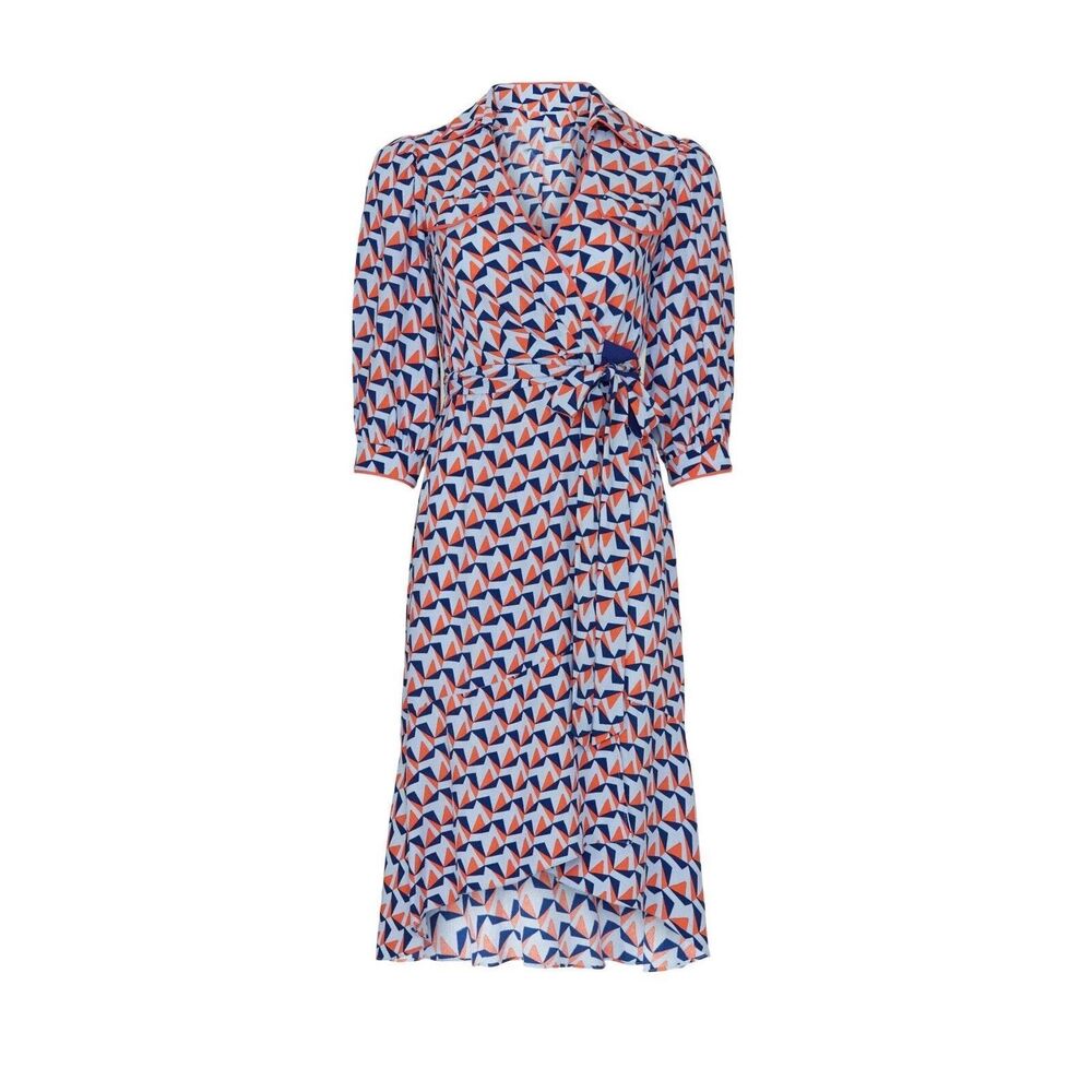 Diane von Furstenberg Ana Wrap Dress 4 Geometric Print Blue Orange Navy Midi‎